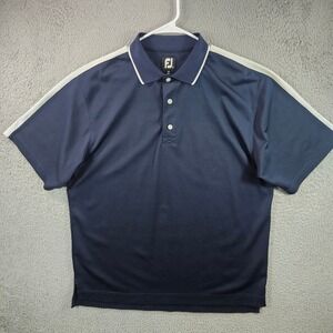 FJ FootJoy Mens Golf Polo Shirt Navy Blue White Stripe Sz L Polyester Spandex